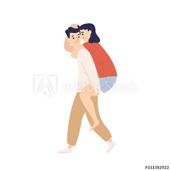 Happy guy carrying beloved girl on back having fun together isolated on white background