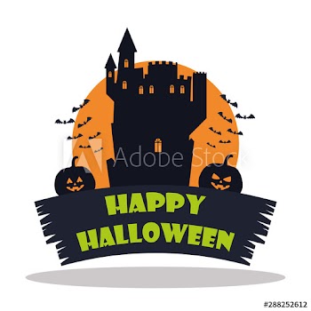 happy halloween castle with pumpkins