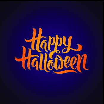 Happy Halloween greeting card Calligraphy. Halloween banner or poster. Handmade vector lettering. Orange text on Violet background