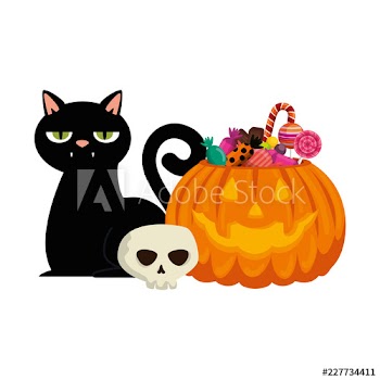 happy halloween pumpkin with candies and cat