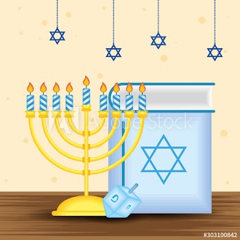 happy hanukkah celebration card with chandelier and koran