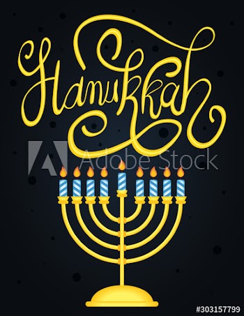 happy hanukkah lettering with chandelier