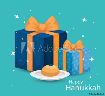 happy hanukkah with gift boxes and bread design