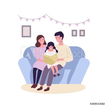Happy happy family sitting on sofa and reading book or fairytale