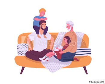 Happy homosexual family with children sitting on the sofa isolated on white background