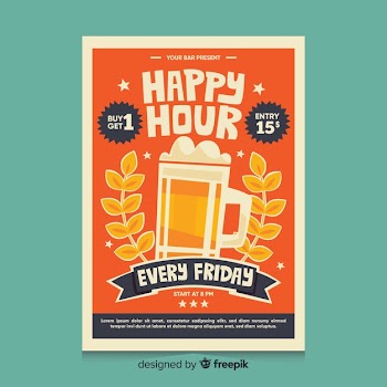 Happy hour poster with beer in a mug Free Vector