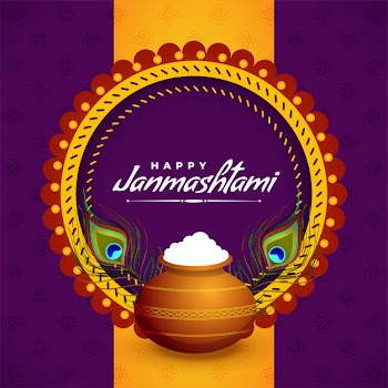 Happy janmashtami greeting  with dahi and handi Free Vector