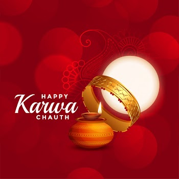 Happy karwa chauth beautiful red  with full moon Free Vector