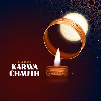 Happy karwa chauth festival card with full moon and diya Free Vector