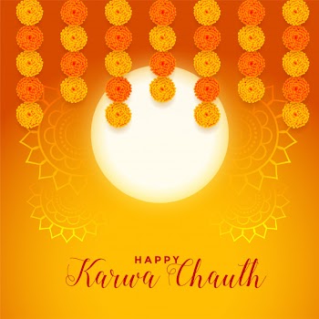 Happy karwa chauth festival card with full moon and marigold flower Free Vector