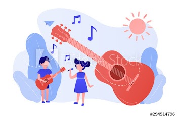 Happy kids enjoy singing and playing the guitar at summer camp, tiny people
