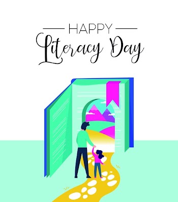 Happy Literacy Day illustration of girl entering book door with dad. Children imagination concept for reading education. EPS10 vector.