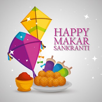 Happy makar sankranti greeting with kites and food Free Vector