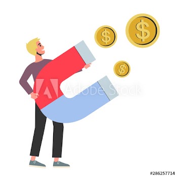 Happy man holding a big magnet, money attraction