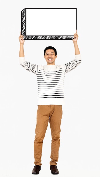 Happy man holding an empty board | Free stock psd mockup - 491224