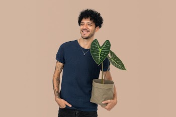 Happy man holding houseplant in sustainable… | Free stock photo | High Resolution image