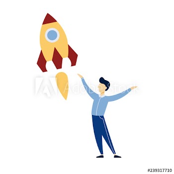 Happy man looking at rocket as metaphor of startup