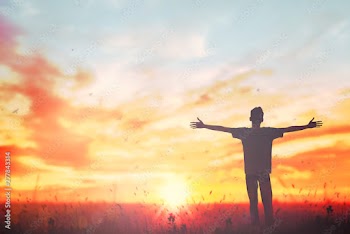 Happy man rise hand on morning view. Christian inspire praise God on good friday background. Male self confidence empowerment on mission arm courage nature the sun concept strength wisdom