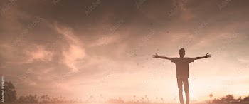 Happy man rise hand on morning view. Christian inspire praise God on good friday background. Male self confidence empowerment on mission arm courage nature the sun concept strength wisdom