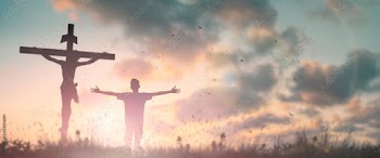Happy man rise hand Worship God in morning view. Christian spirit prayer praise on good friday background. Male self confidence empowerment on mission arm concept strength wisdom ambitious