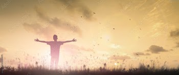 Happy man rise hand Worship God in morning view. Christian spirit prayer praise on good friday background. Male self confidence empowerment on mission arm concept strength wisdom ambitious