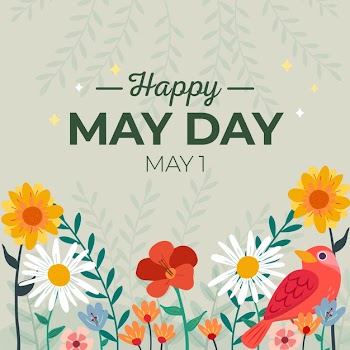 Happy may day background with flowers and bird Free Vector