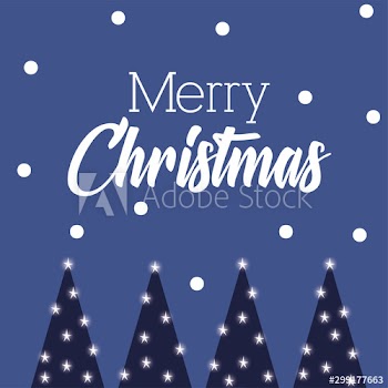 happy merry christmas card with pines snowscape