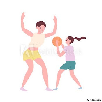Happy mother and daughter playing basketball