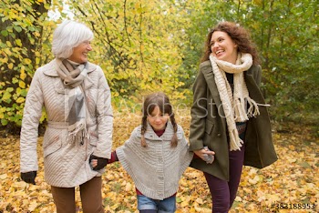 Happy multi-generation women walking in autumn woods