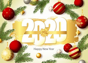 Happy new year, 2020 lettering, fir-tree twigs and baubles Free Vector