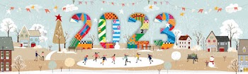 Happy New Year 2023 card,Vector Winter landscape in city with people celebrating on Chritsmas Eve.Winter wonderland in the town with happy kids playing ice skating in the city park 