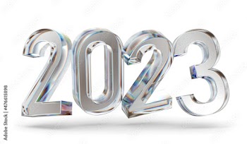 happy new year 2023 glass letter with chromatic aberration refraction dispersion 3d illustration isolated