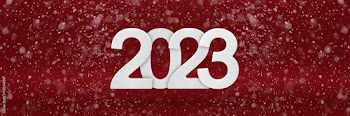 Happy New Year 2023 greeting template. Festive 3d banner with white numbers 2023 on a red background. Festive poster or banner design. Happy new year modern background, falling snow