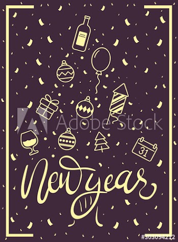 happy new year golden lettering with party icons