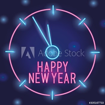 happy new year neon lights with time clock