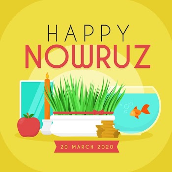 Happy nowruz with grass and fish bowl Free Vector