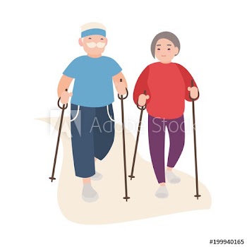 Happy old men and women dressed in sports clothing performing nordic walking