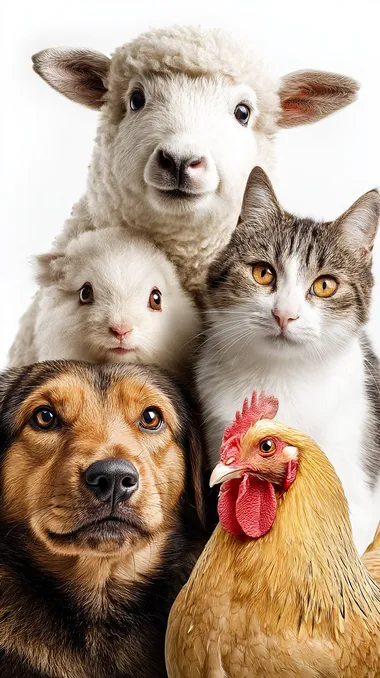 Happy Pets Portrait: Sheep, Cat, Dog, Chicken, and Pony Together