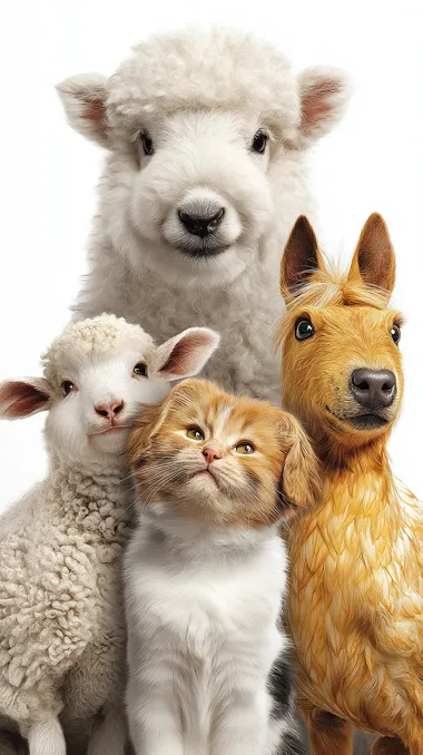 Happy Pets Portrait: Sheep, Cat, Dog, Chicken, and Pony Together Happy Pets Portrait: Sheep, Cat, Dog, Chicken, and Pony Together