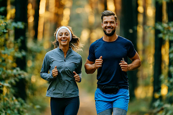Happy Runners Jogging Together on Forest Trail