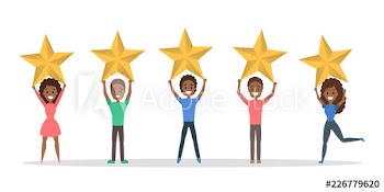 Happy satisfied people holding 5 huge golden stars