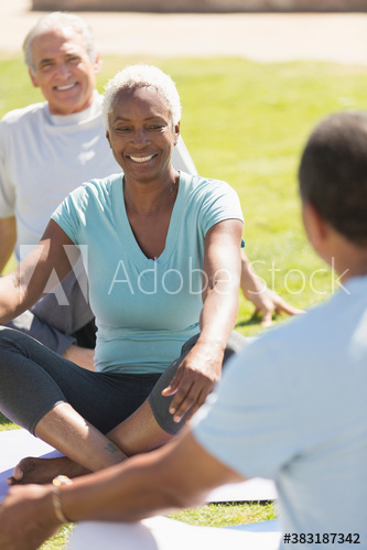 Happy senior friends practicing yoga on sunny lawn