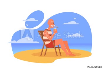 Happy senior man spending time on the beach lying on chaise lounge