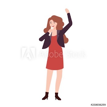 Happy smiling woman singer, rock or pop vocalist wearing dress and singing in microphone