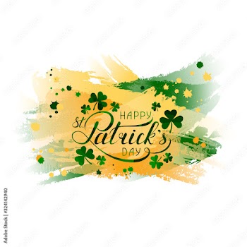 Happy St. Patricks day lettering and shamrocks on green and yellow watercolor splash. vector illustration. handwritten calligraphic inscription. design element for greeting card, banner, invitation