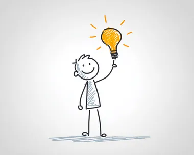 Happy Stick Figure with Light Bulb Illustration Happy Stick Figure with Light Bulb Illustration