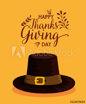 happy thanks giving card with pilgrims hat