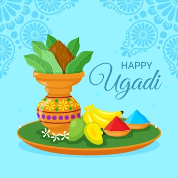 Happy ugadi indian vase with powder and bananas Free Vector
