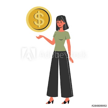 Happy woman holding a big golden dollar coin