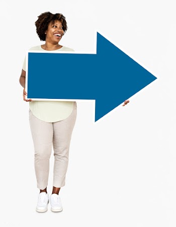 Happy woman holding a blue arrow | Free stock psd mockup - 491030